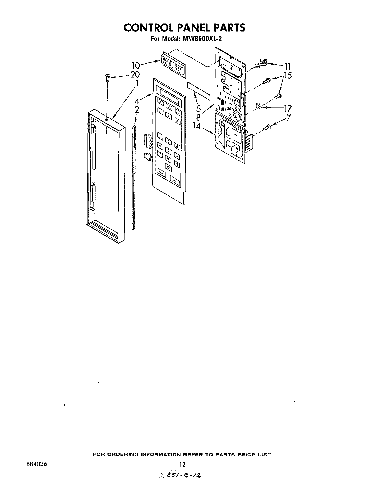 CONTROL PANEL Diagram and Parts List for MW8600XL2  Whirlpool Microwave