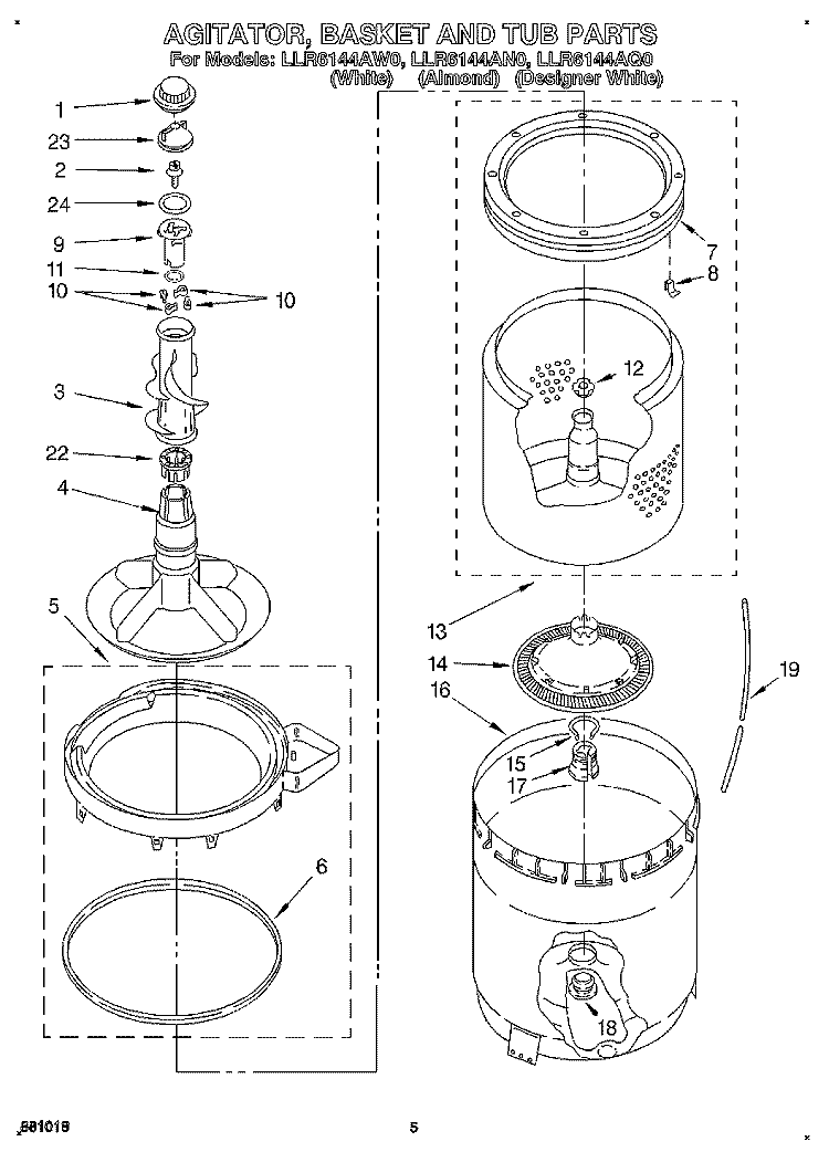 AGITATOR, BASKET, AND TUB Diagram and Parts List for LLR6144AN0  Whirlpool Washer