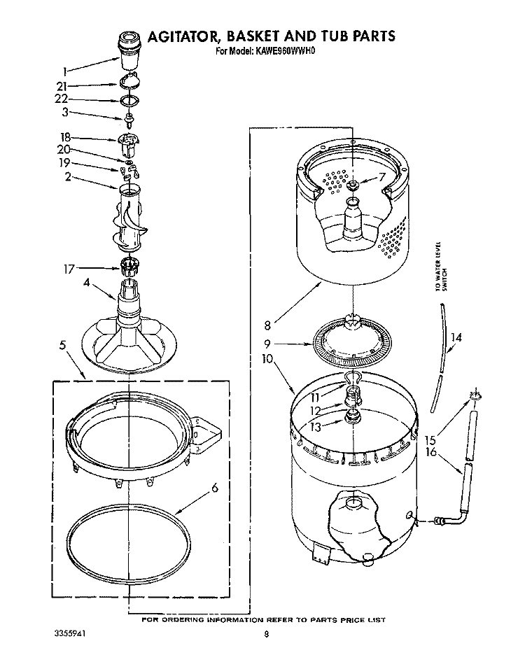 AGITATOR, BASKET AND TUB Diagram and Parts List for KAWE960WAL0  Whirlpool Washer