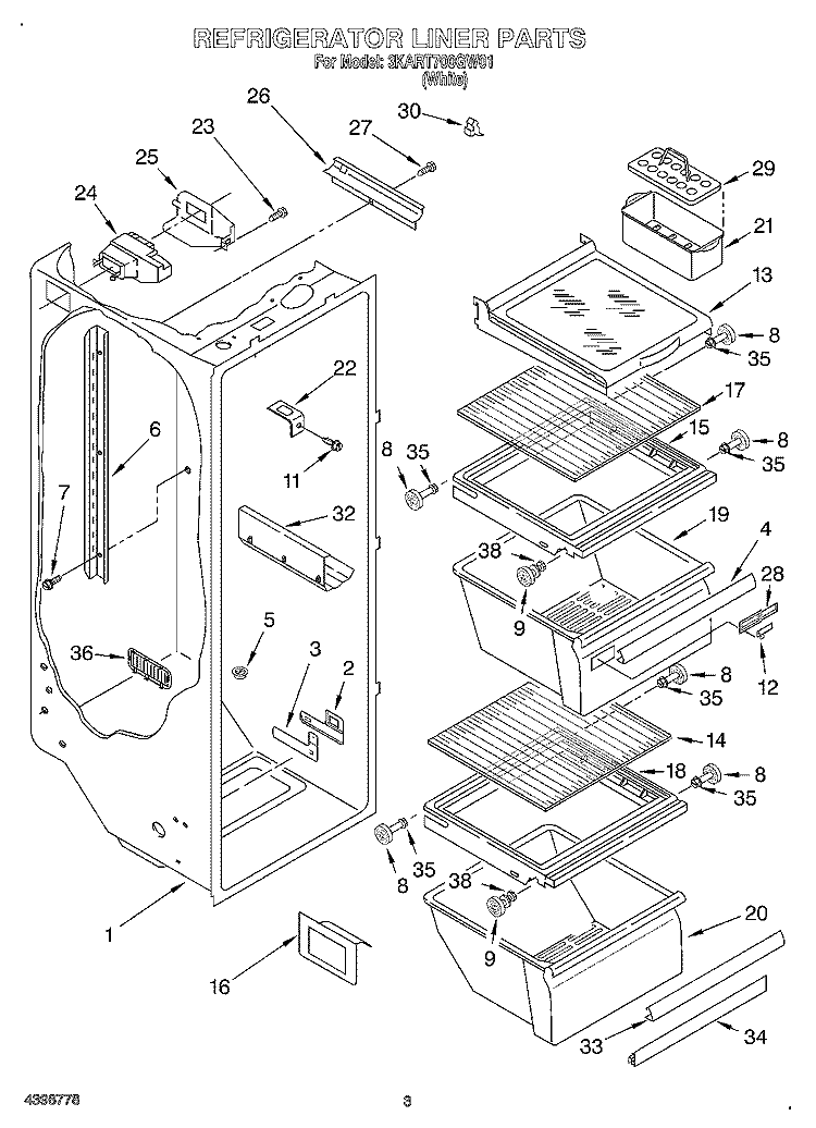 REFRIGERATOR LINER Diagram and Parts List for 3KART700GW01  Whirlpool Refrigerator