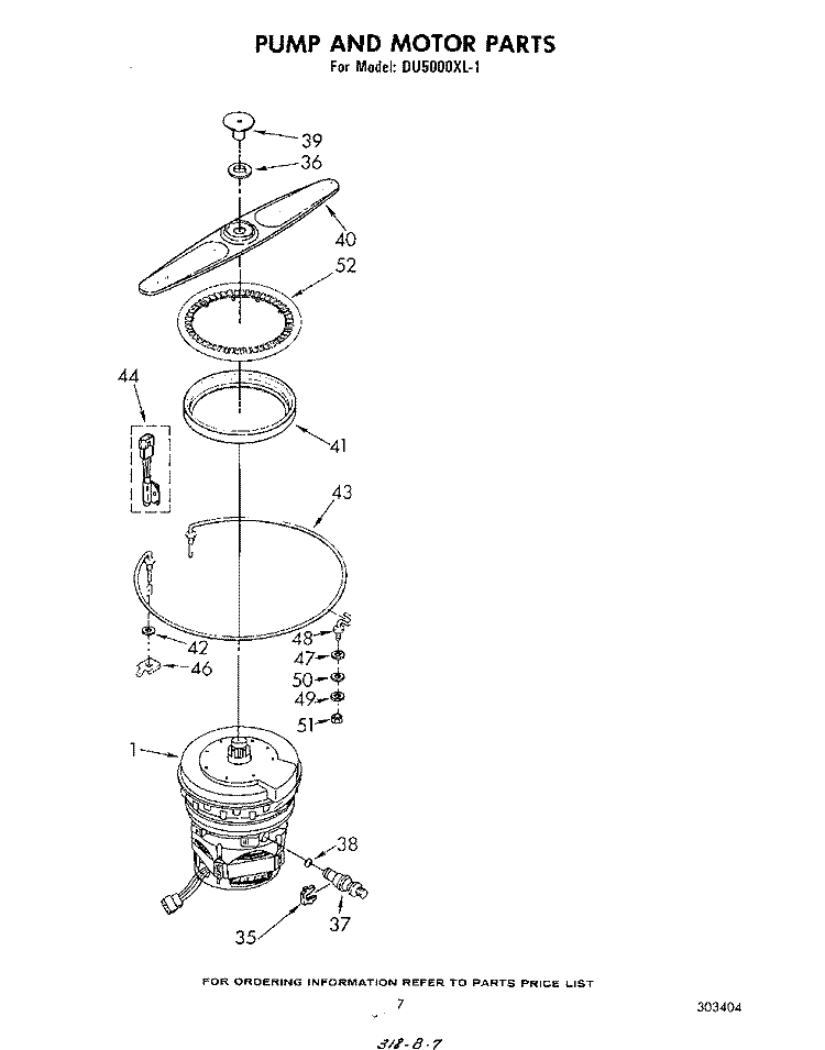 PUMP AND MOTOR Diagram and Parts List for DU5000XL1  Whirlpool Dishwasher