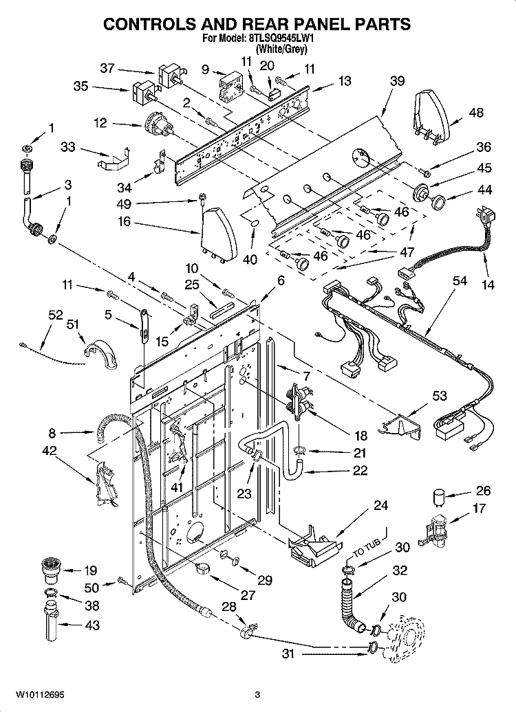 CONTROLS AND REAR PANEL PARTS Diagram and Parts List for 8TLSQ9545LW1  Whirlpool Washer