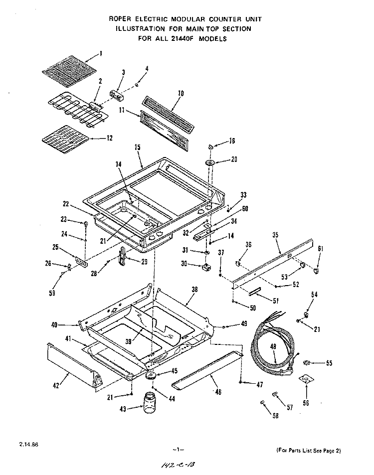 MAIN TOP Diagram and Parts List for 2144W0F  Roper Range