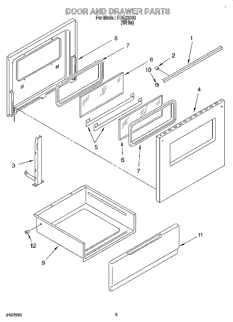 DOOR AND DRAWER Diagram and Parts List for RDE22302  Roper Range