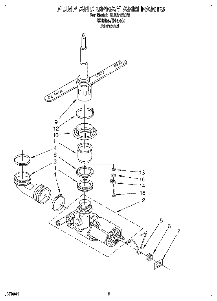 PUMP AND SPRAY ARM Diagram and Parts List for DU8016XX6  Whirlpool Dishwasher