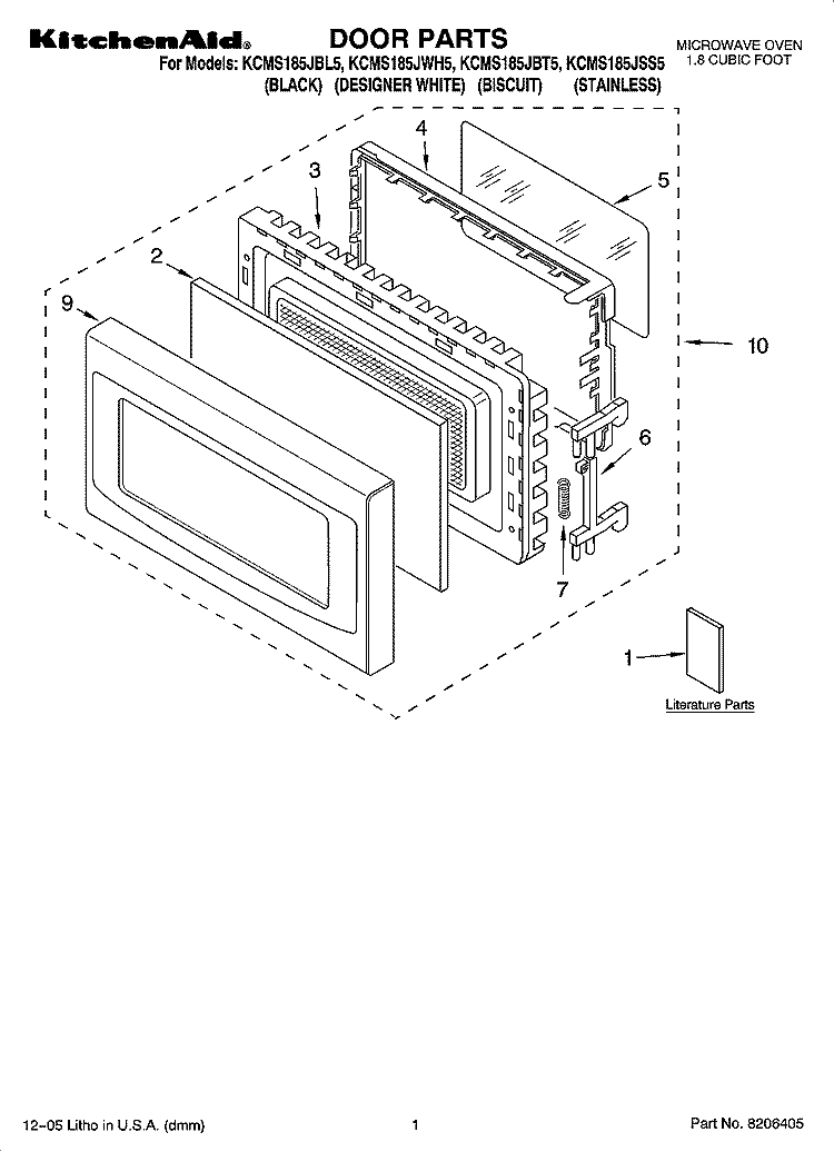 DOOR PARTS Diagram and Parts List for KCMS185JBT5  KitchenAid Microwave