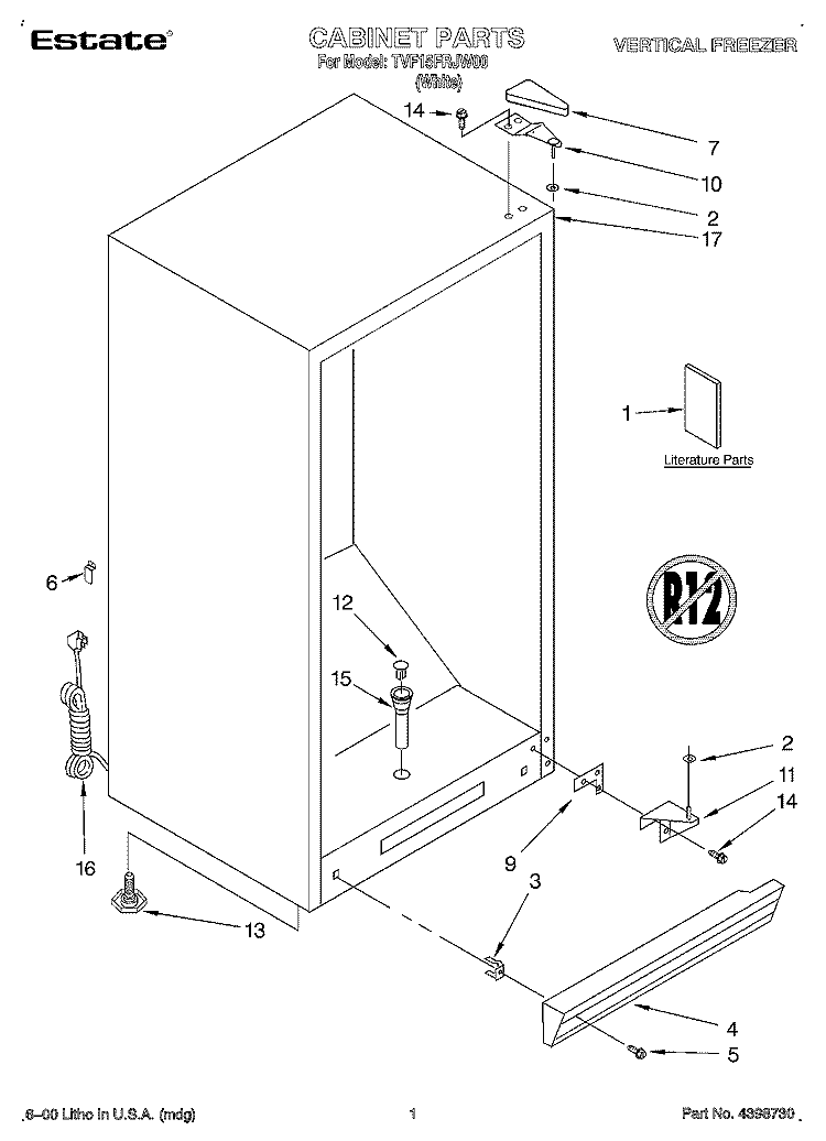 CABINET, LITERATURE Diagram and Parts List for TVF15FRJW00  Whirlpool Freezer