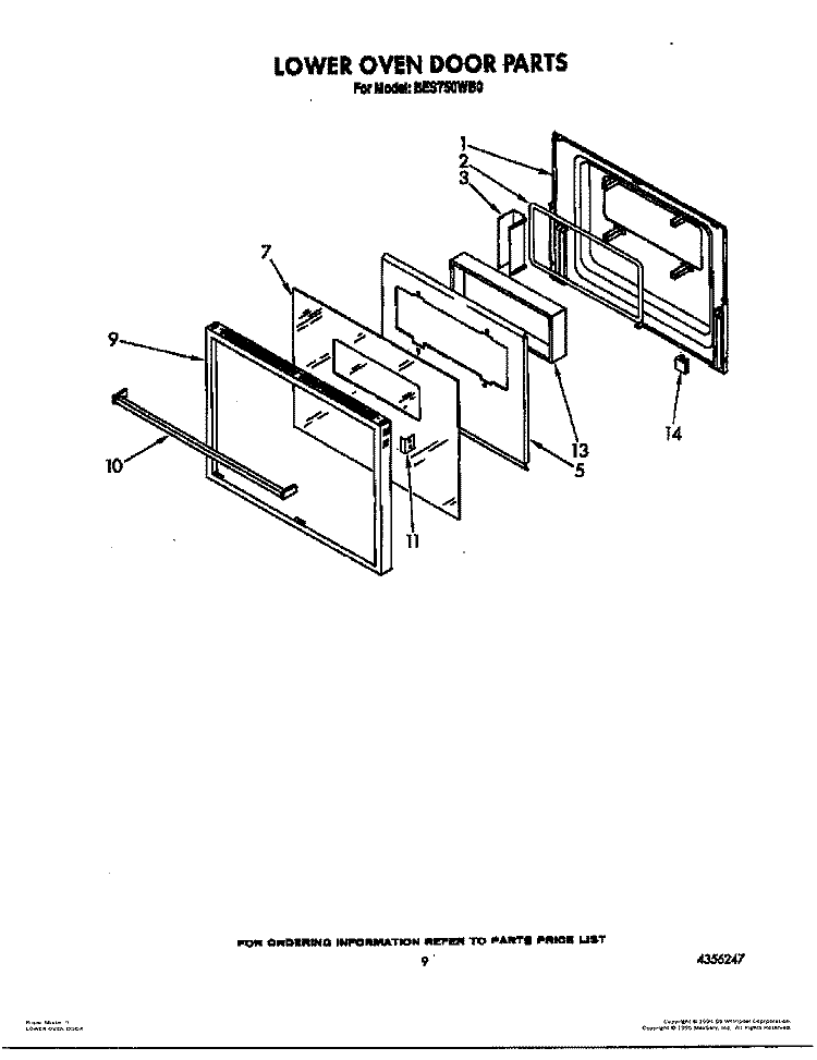 LOWER OVEN DOOR Diagram and Parts List for BES750WB0  Roper Range
