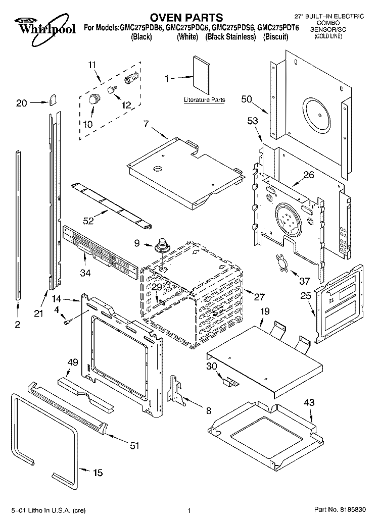 OVEN, LITERATURE Diagram and Parts List for GMC275PDS6  Whirlpool Microwave Oven Combo