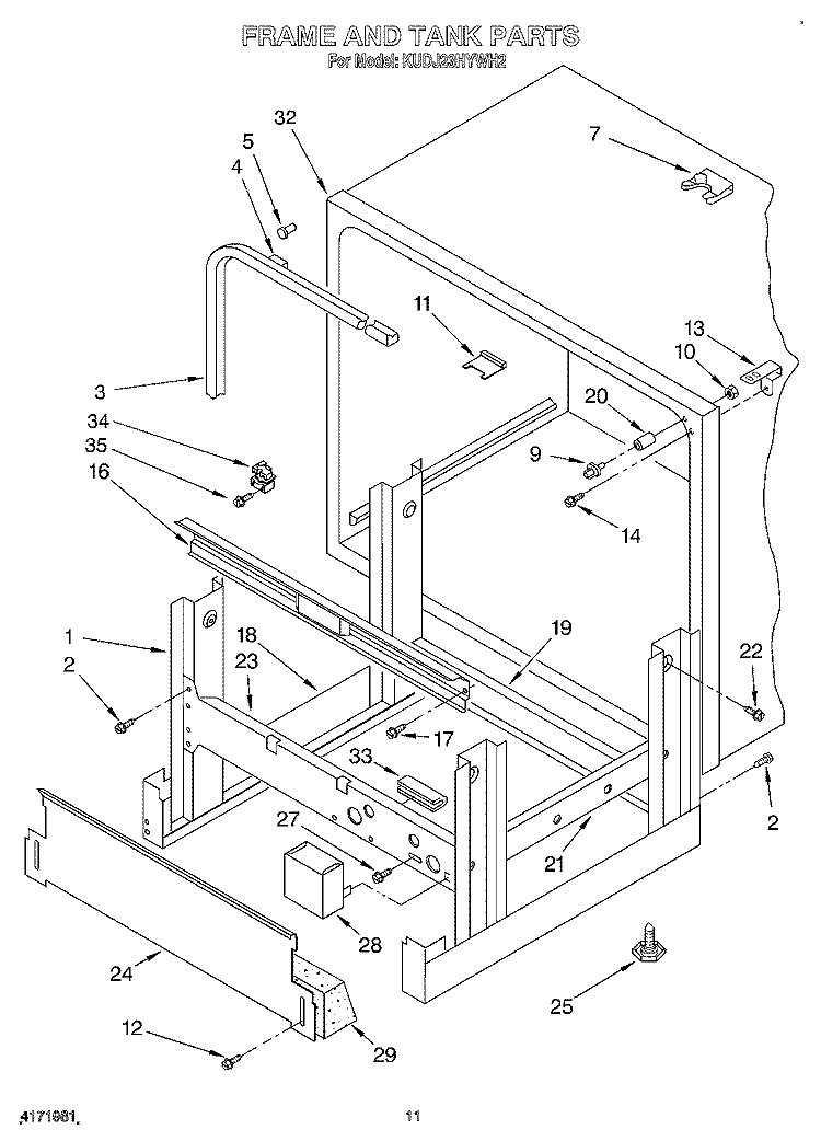 FRAME AND TANK Diagram and Parts List for KUDJ23HYWH2  KitchenAid Dishwasher