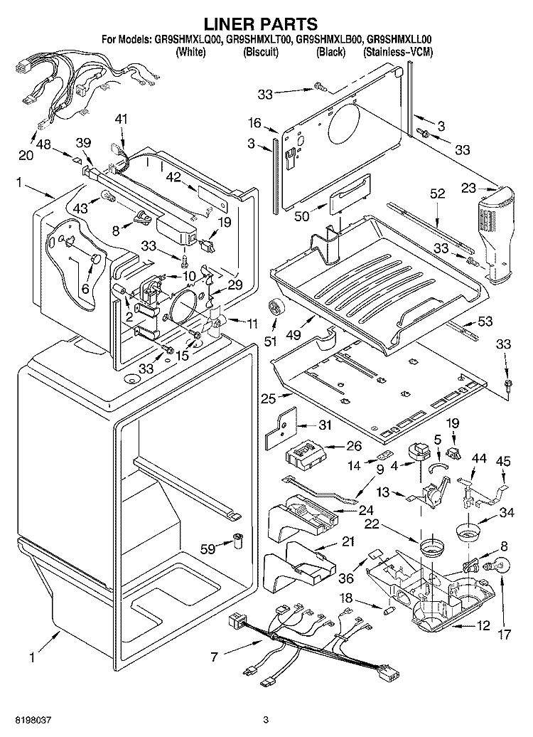 LINER Diagram and Parts List for GR9SHMXLB00  Whirlpool Refrigerator