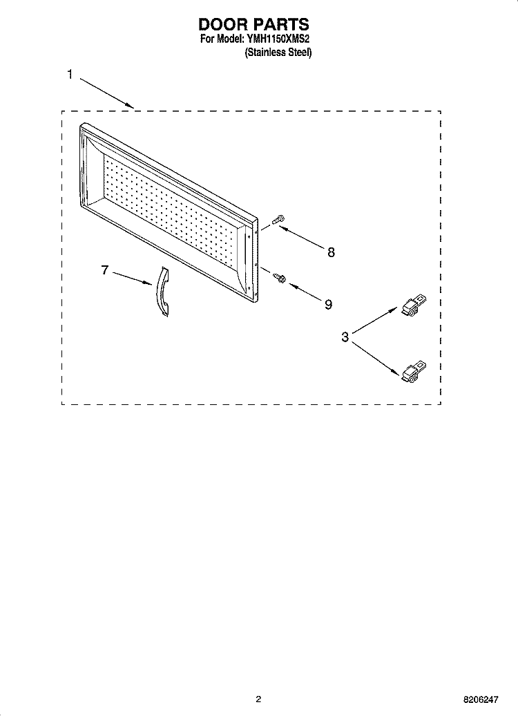 DOOR PARTS Diagram and Parts List for YMH1150XMS2  Whirlpool Microwave