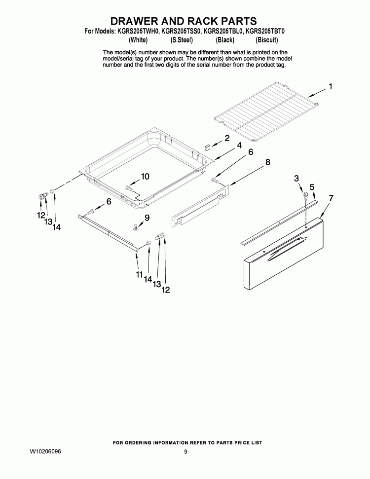 DRAWER AND RACK PARTS Diagram and Parts List for KGRS205TSS0  KitchenAid Range