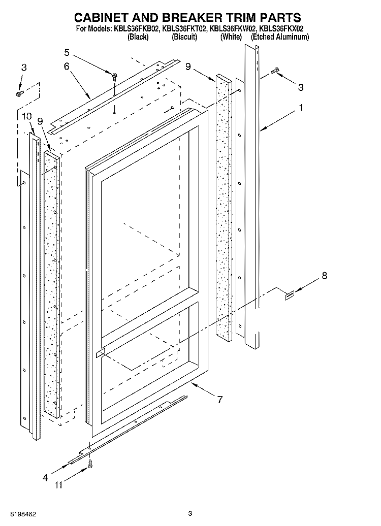 CABINET AND BREAKER TRIM PARTS Diagram and Parts List for KBLS36FKB02  KitchenAid Refrigerator