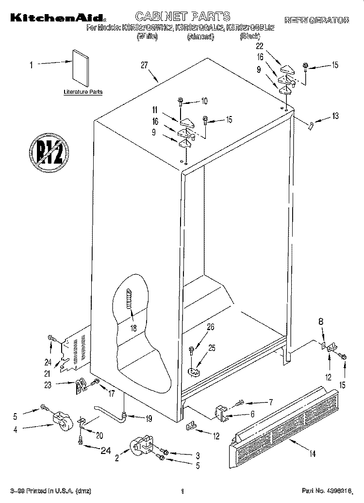 CABINET, LITERATURE Diagram and Parts List for KSRS27QGWH02  KitchenAid Refrigerator