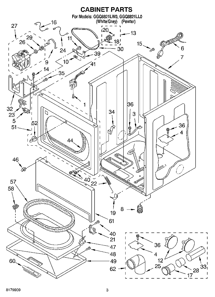 CABINET Diagram and Parts List for GGQ8821LW0  Whirlpool Dryer