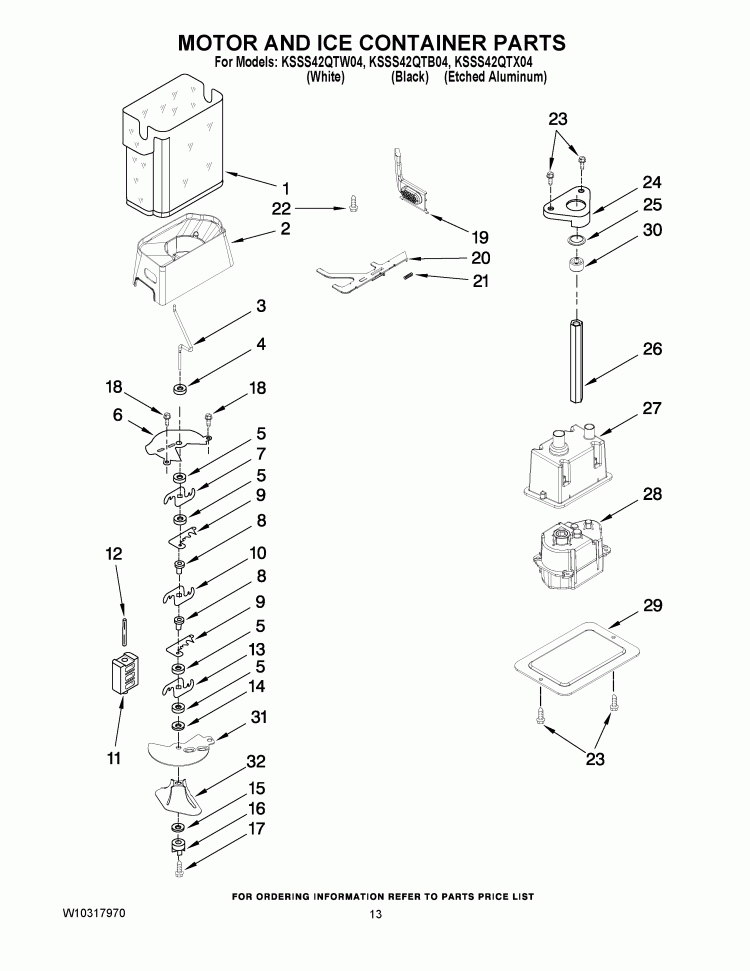 MOTOR AND ICE CONTAINER PARTS Diagram and Parts List for KSSS42QTB04  KitchenAid Refrigerator