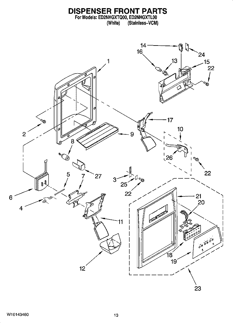 DISPENSER FRONT PARTS Diagram and Parts List for ED2NHGXTL00  Whirlpool Refrigerator