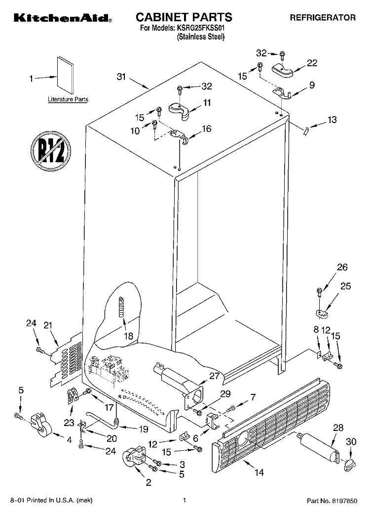 CABINET, LITERATURE Diagram and Parts List for KSRG25FKSS01  KitchenAid Refrigerator