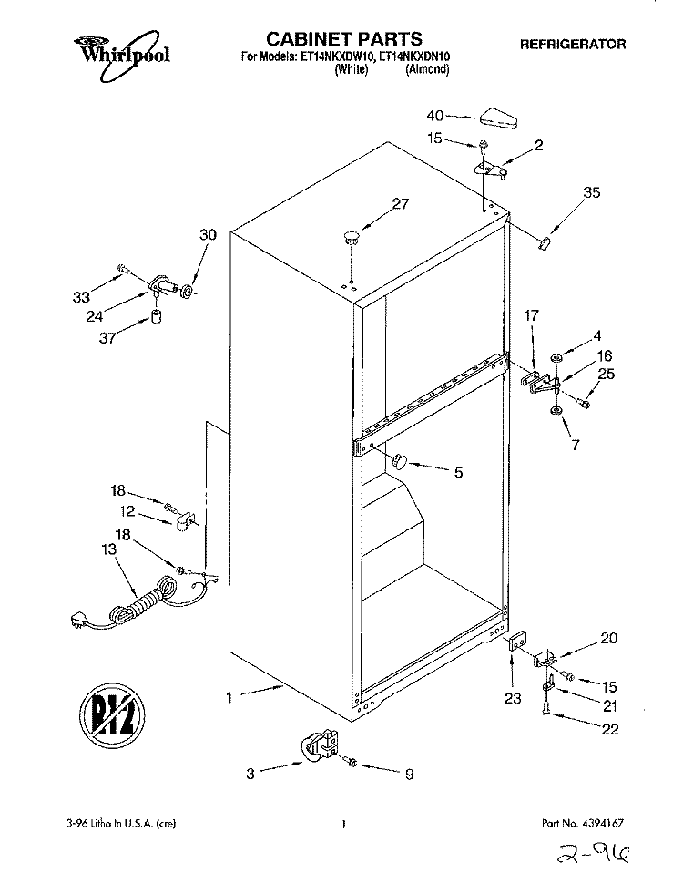 CABINET Diagram and Parts List for ET14NKXDW10  Whirlpool Refrigerator