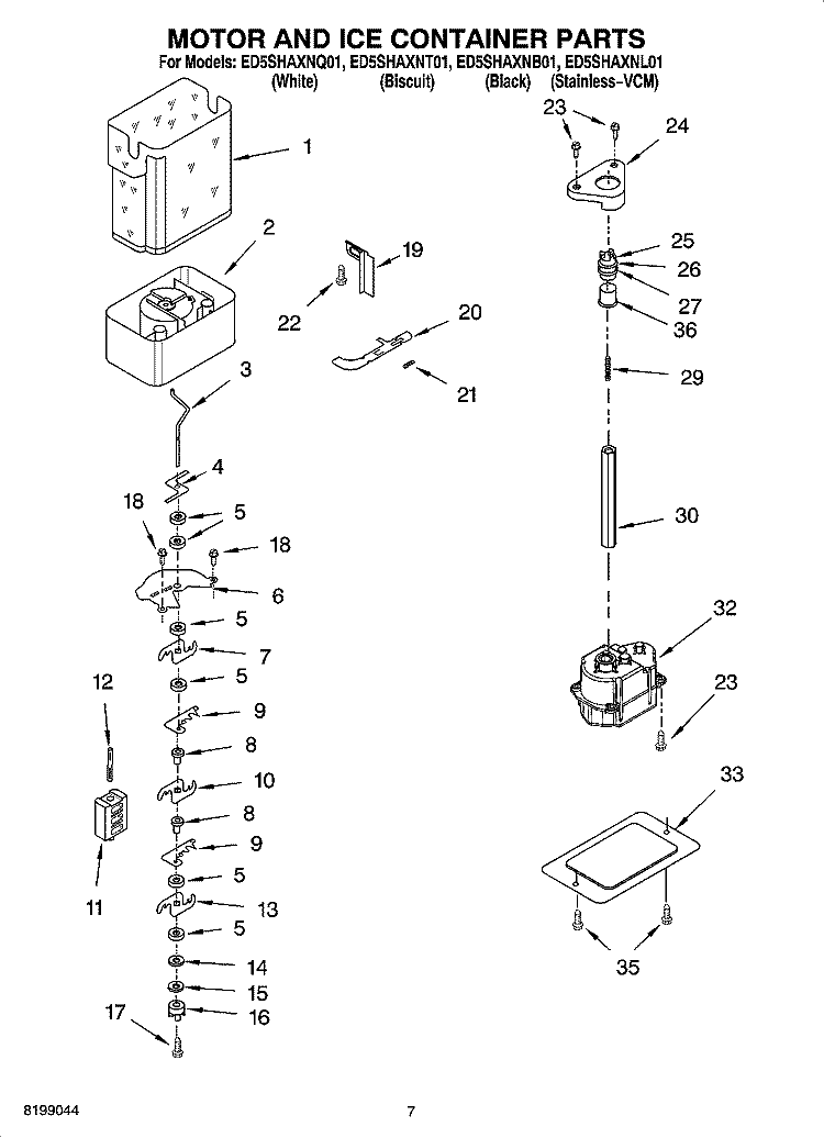 MOTOR AND ICE CONTAINER PARTS Diagram and Parts List for ED5SHAXNT01  Whirlpool Refrigerator