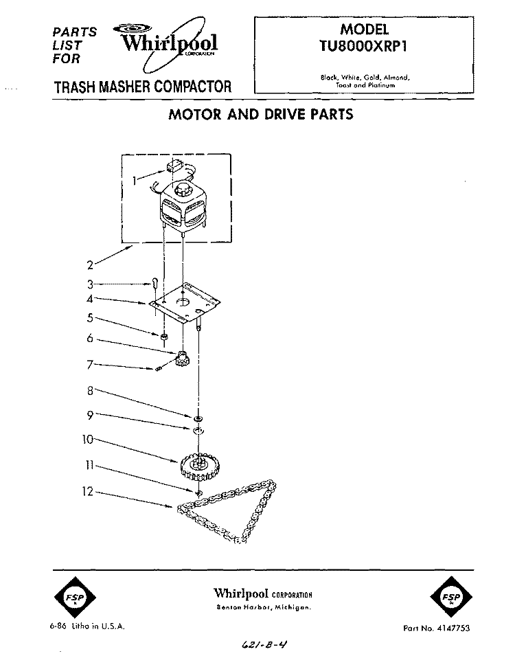 MOTOR DRIVE , LITERATURE Diagram and Parts List for TU8000XRP1  Whirlpool Trash Compactor