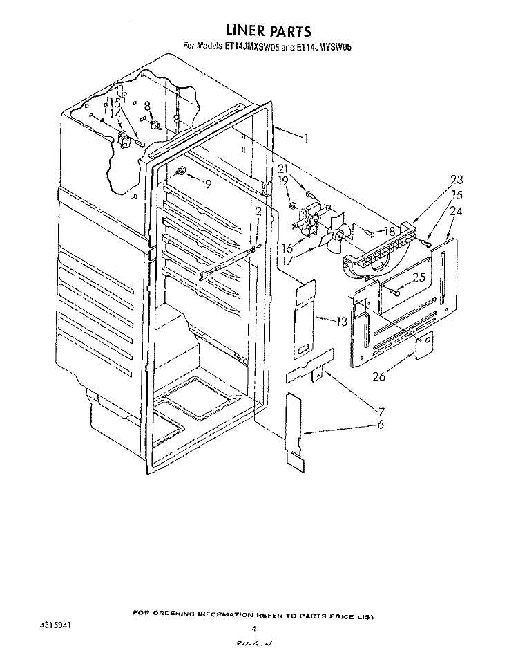 LINER Diagram and Parts List for ET14JMYSF05  Whirlpool Refrigerator