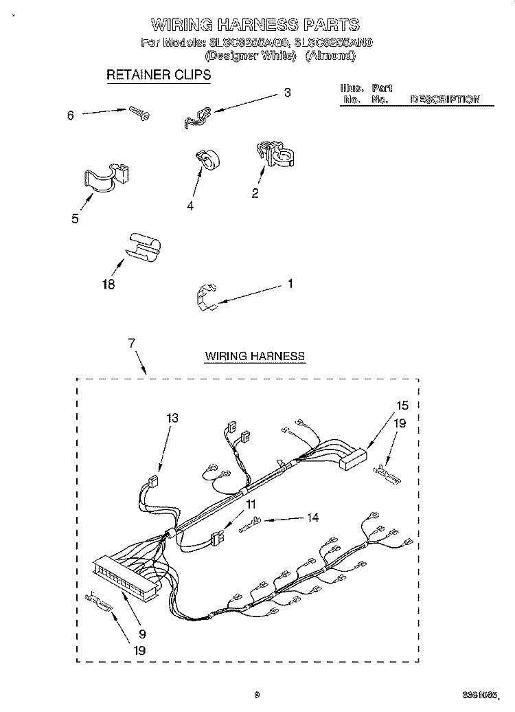 WIRING HARNESS Diagram and Parts List for 3LSC9255AN0  Whirlpool Washer