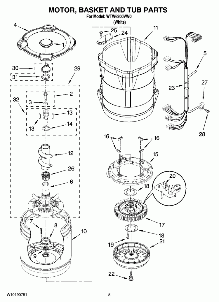 MOTOR, BASKET AND TUB PARTS Diagram and Parts List for WTW6200VW0  Whirlpool Washer