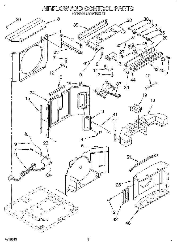 AIRFLOW AND CONTROL Diagram and Parts List for ACQ122XD1  Whirlpool Air Conditioner