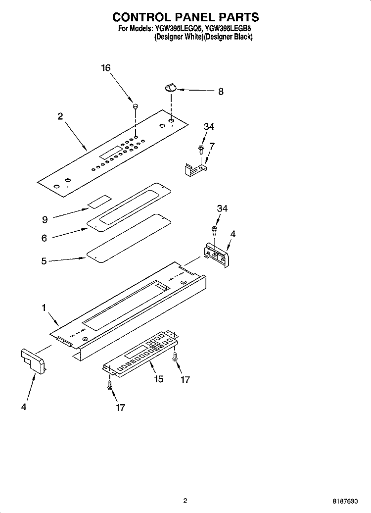 CONTROL PANEL PARTS Diagram and Parts List for YGW395LEGQ5  Whirlpool Range