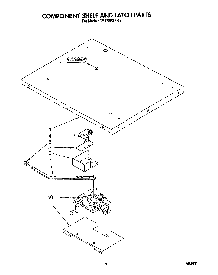 COMPONENT SHELF AND LATCH Diagram and Parts List for RM778PXXB0  Whirlpool Microwave Oven Combo