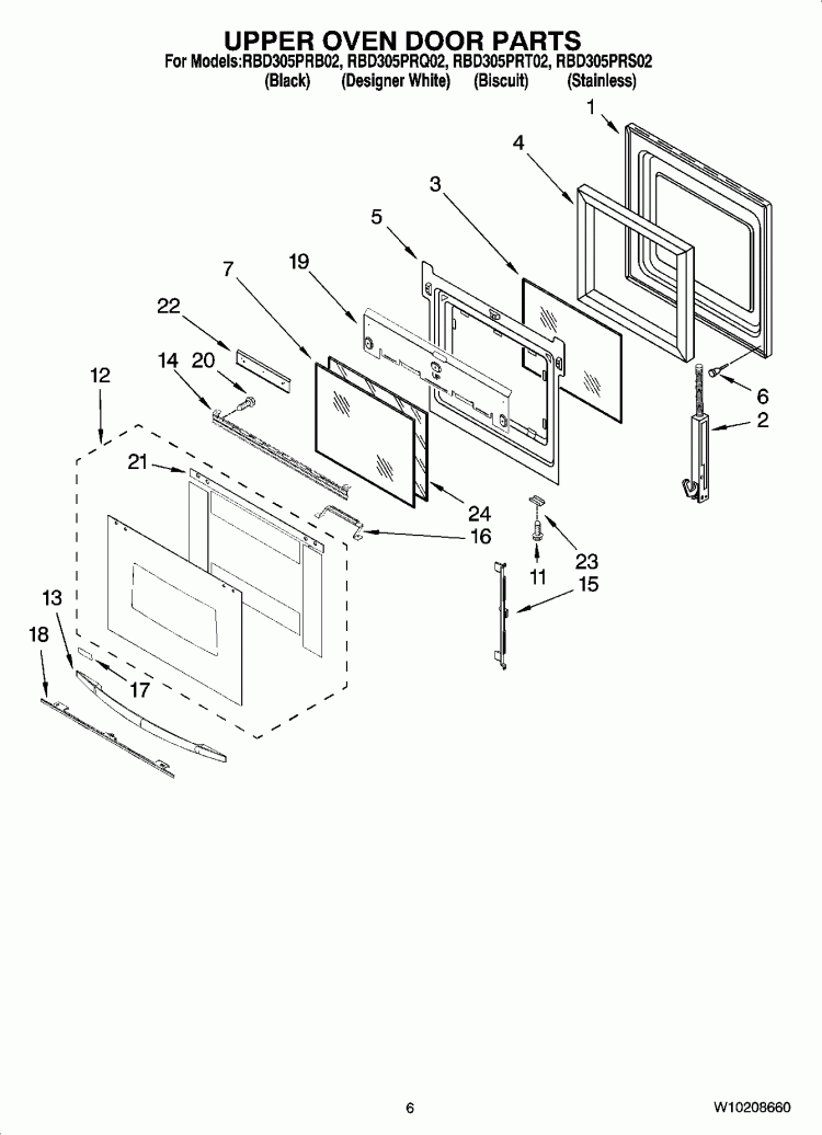 UPPER OVEN DOOR PARTS Diagram and Parts List for RBD305PRT02  Whirlpool Wall Oven