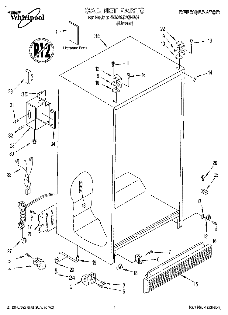 CABINET, LITERATURE Diagram and Parts List for 4YED25PQFN01  Whirlpool Refrigerator