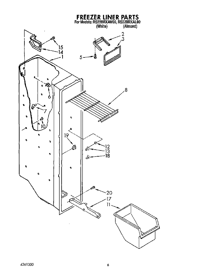 FREEZER LINER Diagram and Parts List for RS22BRXAW00  Roper Refrigerator