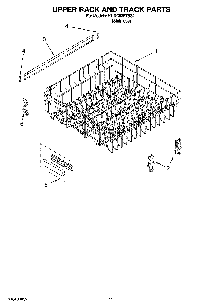 UPPER RACK AND TRACK PARTS Diagram and Parts List for KUDC03FTSS2  KitchenAid Dishwasher