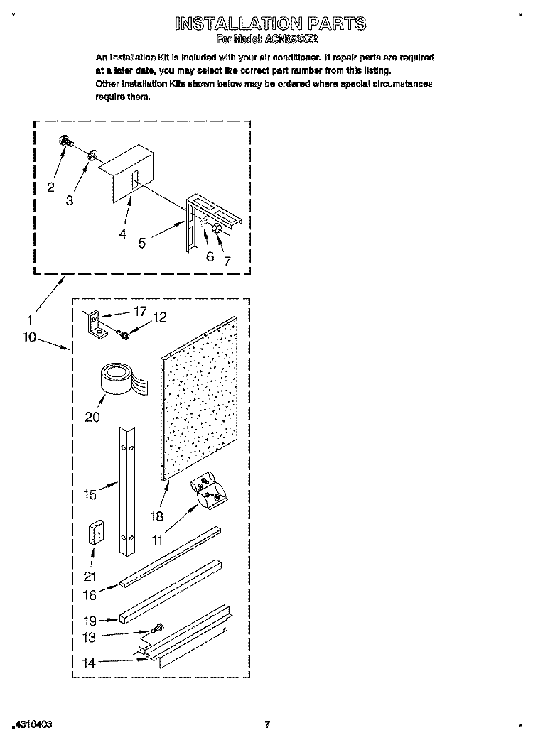 INSTALLATION Diagram and Parts List for ACM052XZ2  Whirlpool Air Conditioner