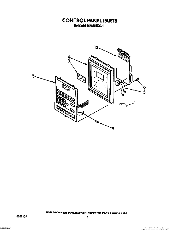 CONTROL PANEL Diagram and Parts List for MH6701XW1  Whirlpool Microwave