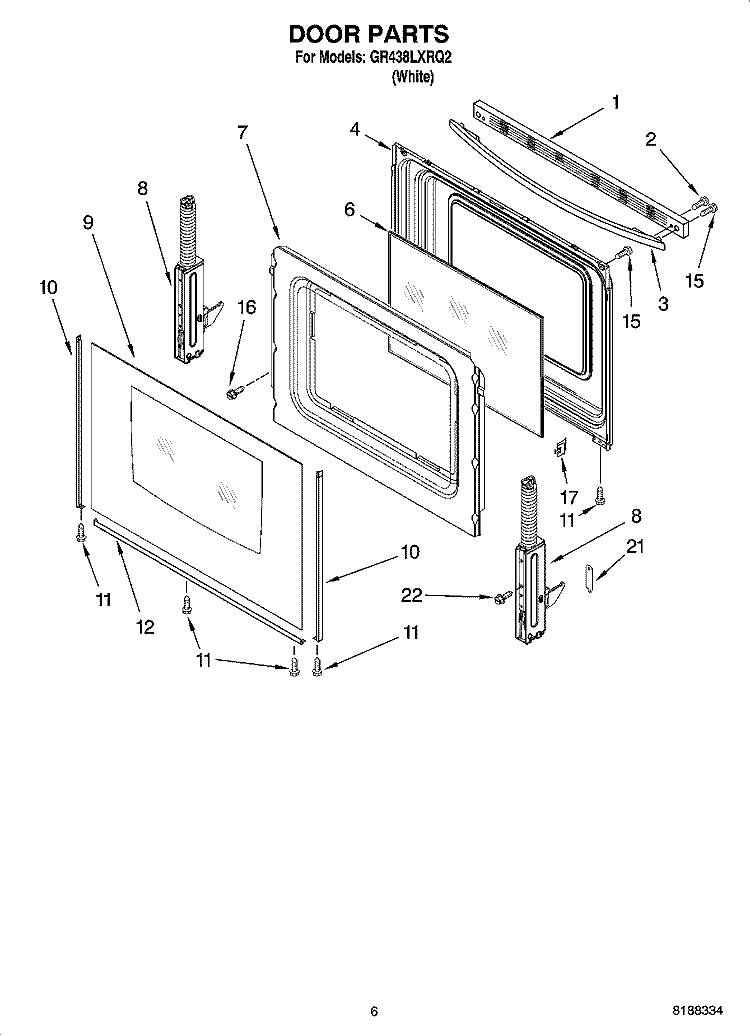 DOOR PARTS, OPTIONAL PARTS (NOT INCLUDED) Diagram and Parts List for GR438LXRQ2  Whirlpool Range