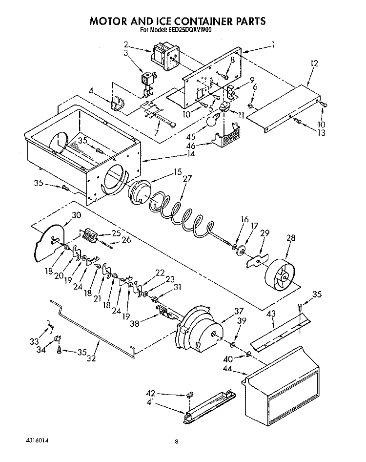 MOTOR AND ICE CONTAINER Diagram and Parts List for 6ED25DQXVW00  Whirlpool Refrigerator