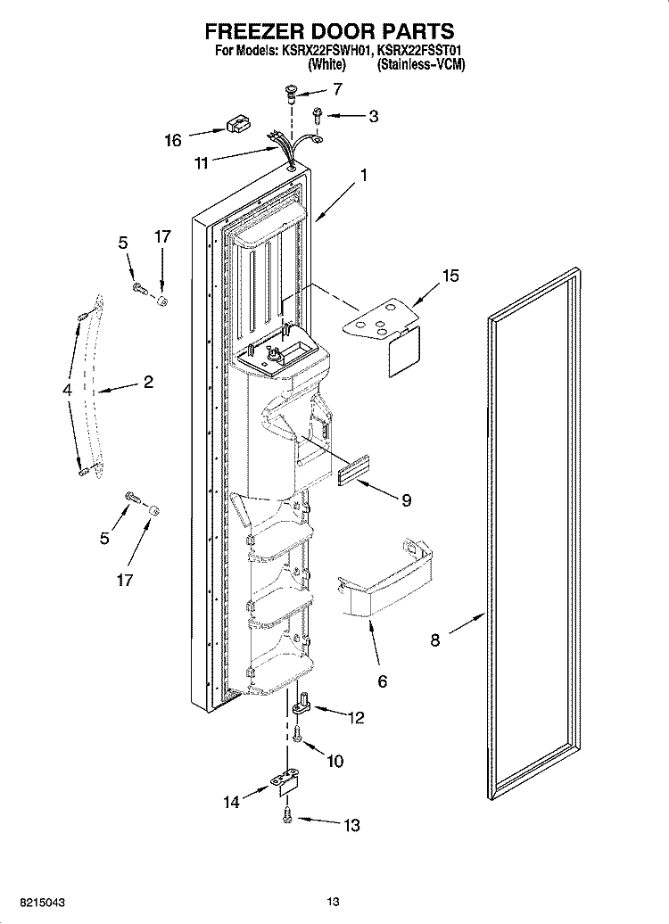 FREEZER DOOR PARTS Diagram and Parts List for KSRX22FSWH01  KitchenAid Refrigerator