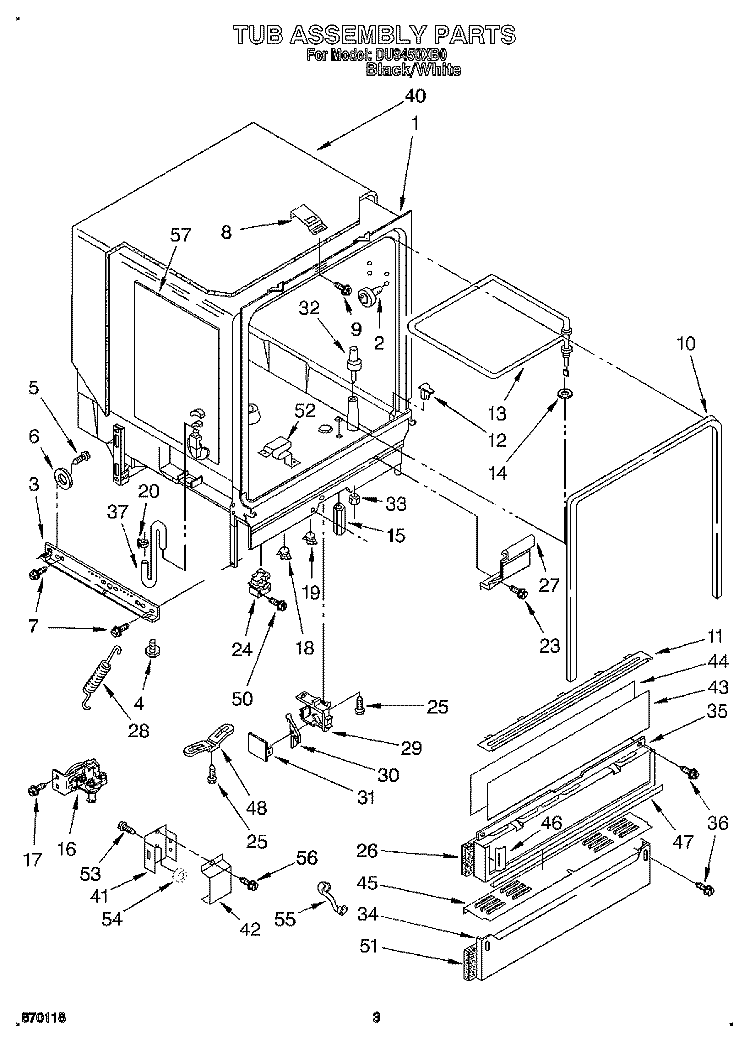 TUB ASSEMBLY Diagram and Parts List for DU9450XB0  Whirlpool Dishwasher