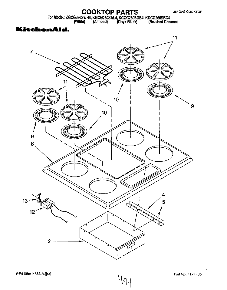 COOKTOP, LITERATURE Diagram and Parts List for KGCG260SAL4  KitchenAid Cooktop