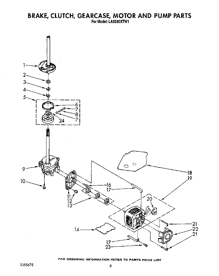 BRAKE, CLUTCH, GEARCASE, MOTOR AND PUMP Diagram and Parts List for LA5280XTW1  Whirlpool Washer