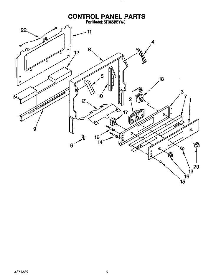 CONTROL PANEL Diagram and Parts List for SF365BEYN0  Whirlpool Range