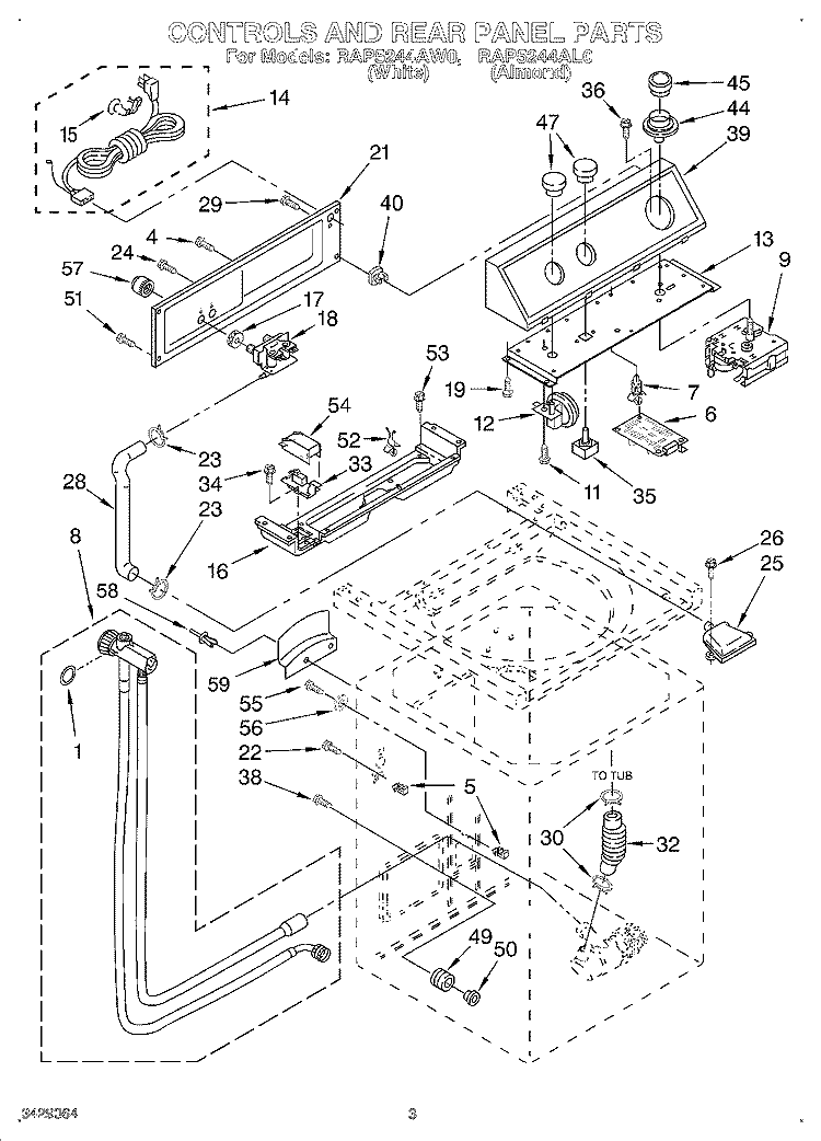 CONTROLS AND REAR PANEL Diagram and Parts List for RAP5244AL0  Whirlpool Washer