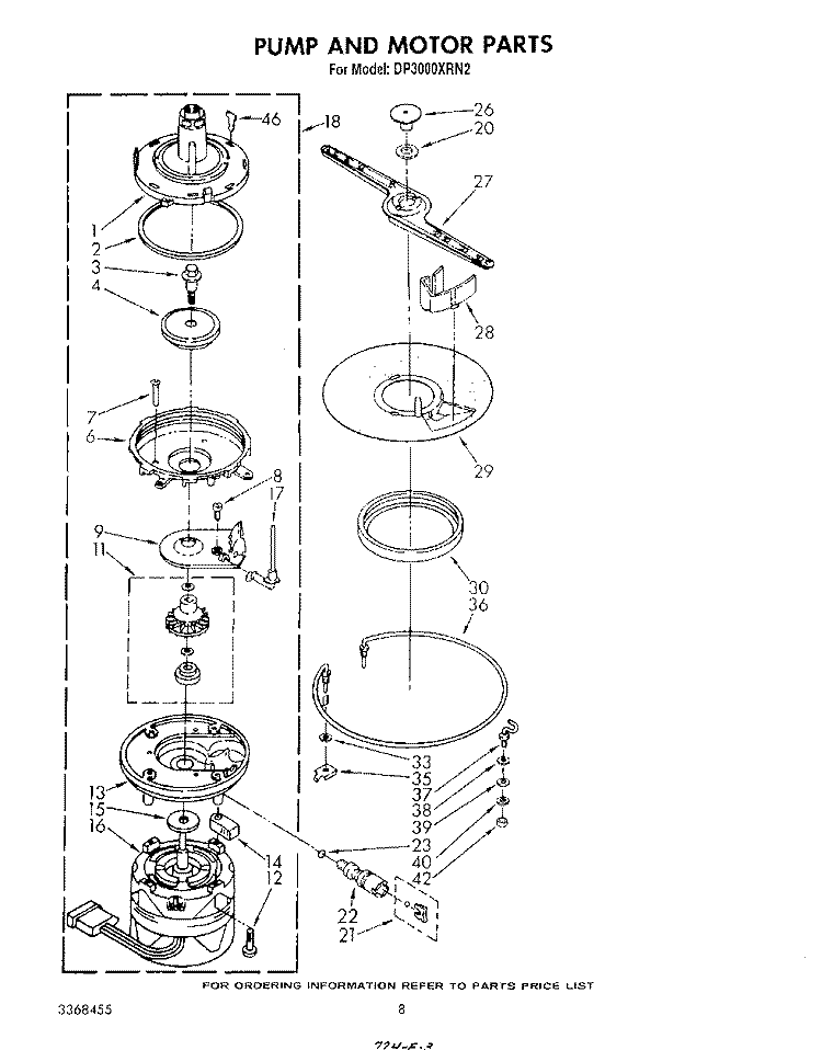 PUMP AND MOTOR Diagram and Parts List for DP3000XRN2  Whirlpool Dishwasher