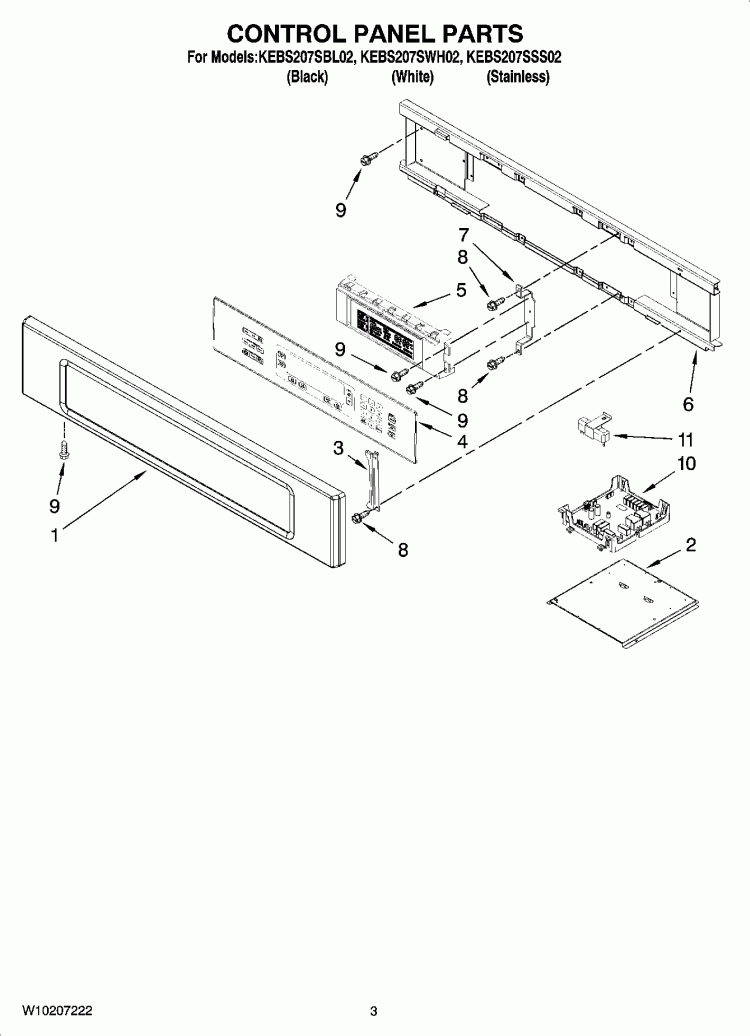 CONTROL PANEL PARTS Diagram and Parts List for KEBS207SWH02  KitchenAid Wall Oven