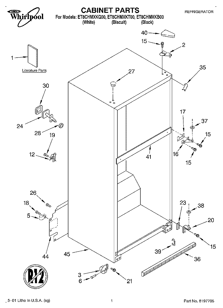 CABINET, LITERATURE Diagram and Parts List for ET8CHMXKT00  Whirlpool Refrigerator