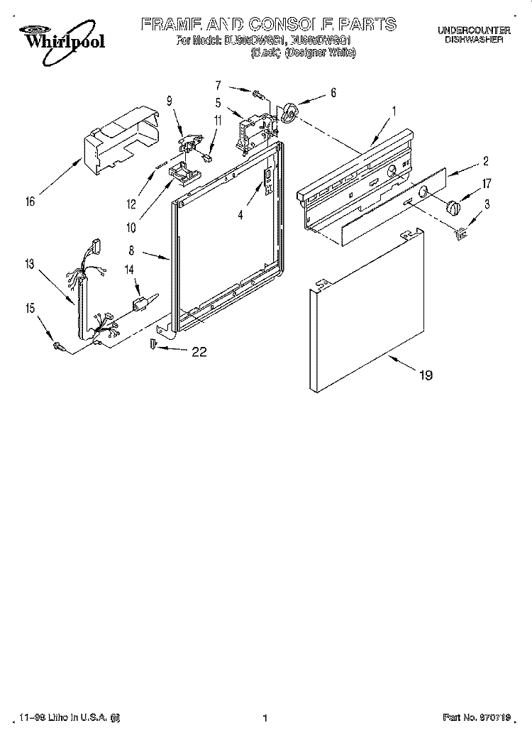 FRAME AND CONSOLE Diagram and Parts List for DU805DWGQ1  Whirlpool Dishwasher